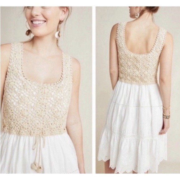 Anthropologie Dresses & Skirts - New ANTHROPOLOGIE Beckett Crochet Beige Sleeveless Eyelet Dress Size M